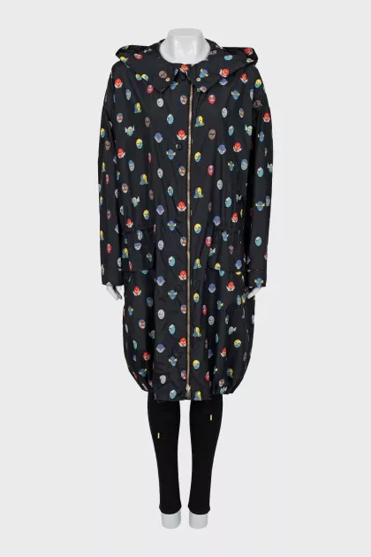 Fitted black printed raincoat