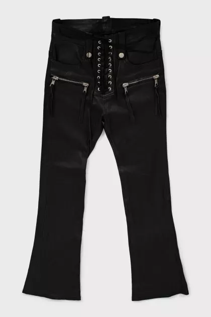 Leather flared trousers with tag