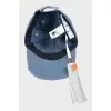 Denim cap with tag