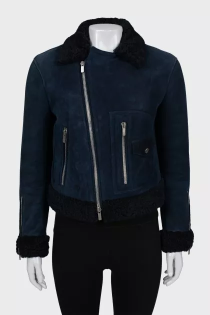 Blue short shearling coat