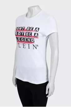 White T-shirt decorated with print and rhinestones
