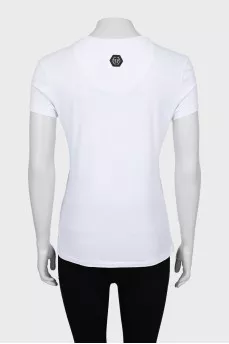 White T-shirt decorated with print and rhinestones