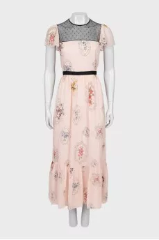 Floral print dress decorated with mesh