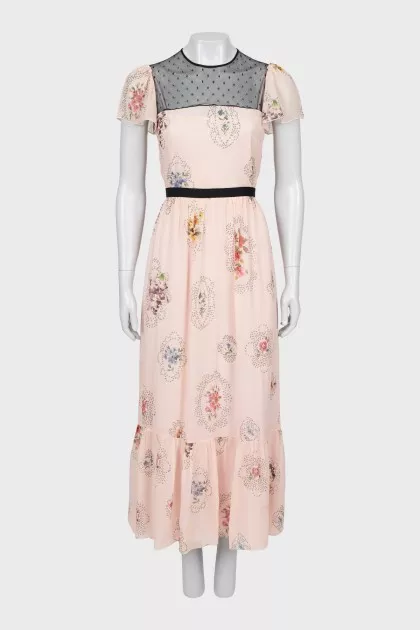 Floral print dress decorated with mesh