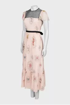 Floral print dress decorated with mesh