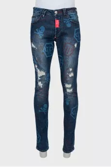 Men's blue jeans with print