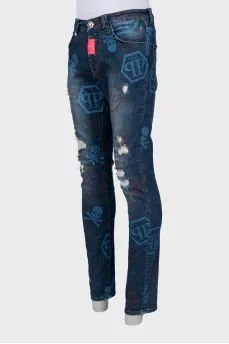 Men's blue jeans with print