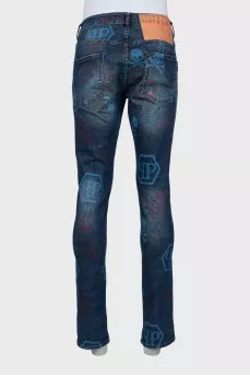 Men's blue jeans with print