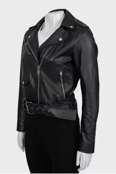 Cropped leather jacket with back print