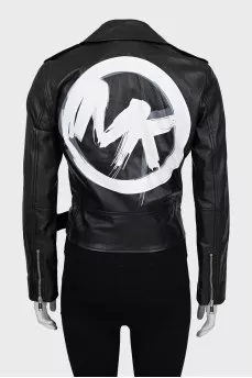 Cropped leather jacket with back print