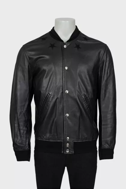 Men's leather bomber jacket with patches