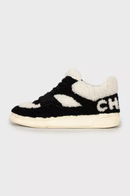 Black and white fur and leather sneakers