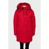 Red parka with fur hood