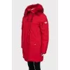Red parka with fur hood