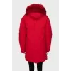 Red parka with fur hood