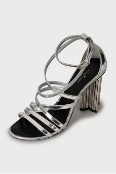 Silver heeled sandals with rhinestones