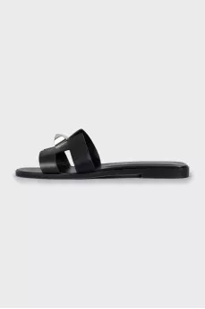 Leather slides with metallic decor
