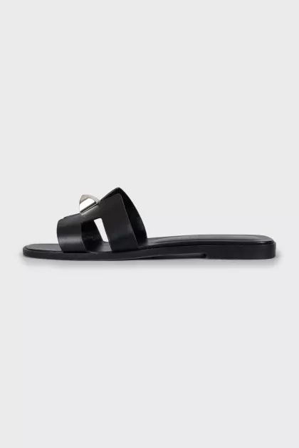 Leather slides with metallic decor