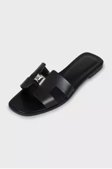 Leather slides with metallic decor