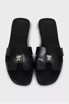 Leather slides with metallic decor