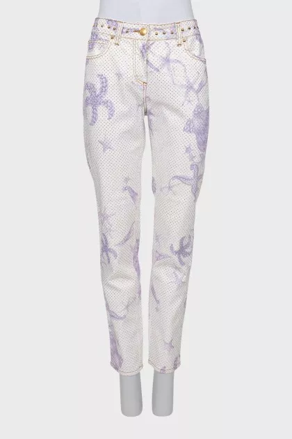 Printed jeans decorated with rhinestones