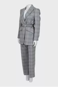 Check print suit with belt