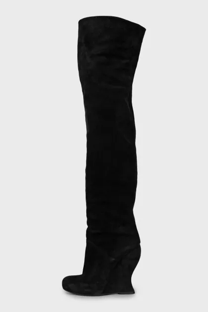 Suede over the knee boots with a figured wedge