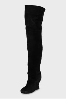 Suede over the knee boots with a figured wedge