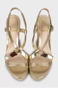 Woven sandals with leather straps