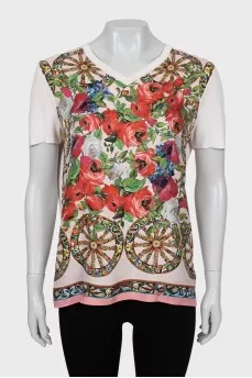 Printed silk straight-fit T-shirt