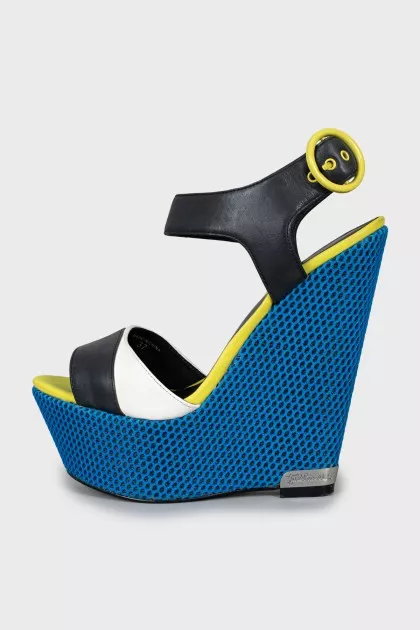 Leather sandals with textile wedge