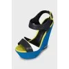 Leather sandals with textile wedge