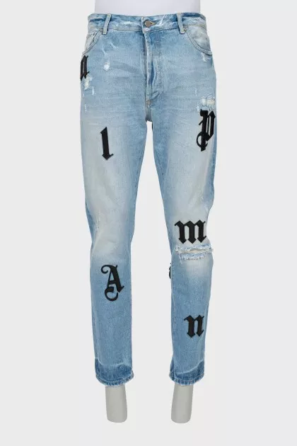 Men's blue jeans with patches