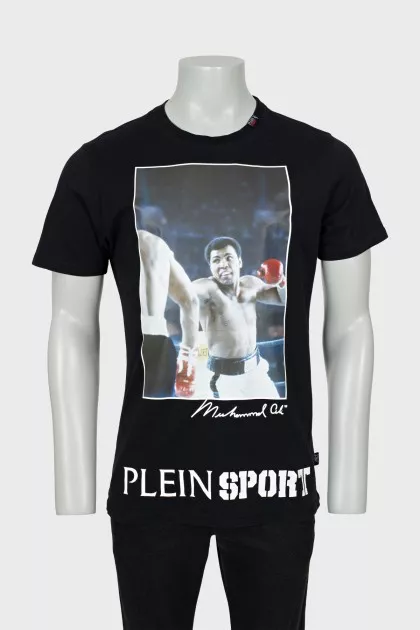 Men's black T-shirt with print and logo