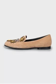 Suede ballet shoes decorated with rhinestones