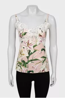 Tank top in floral print with lace