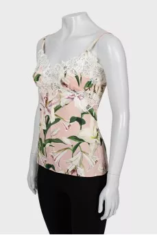 Tank top in floral print with lace