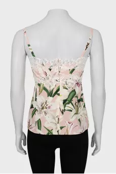 Tank top in floral print with lace