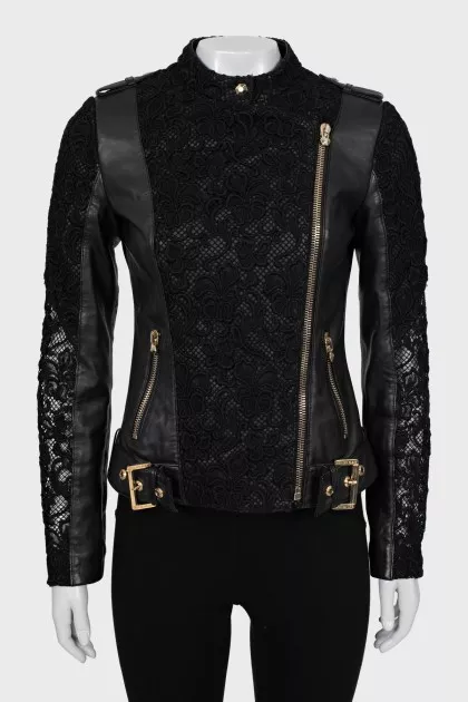 Leather jacket decorated with lace