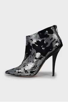 Suede ankle boots with silver print