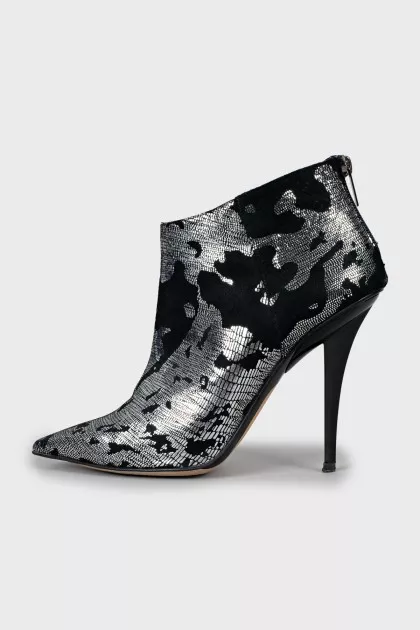 Suede ankle boots with silver print