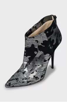 Suede ankle boots with silver print