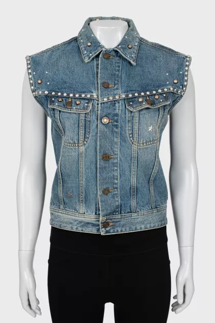 Denim vest with metal rhinestones