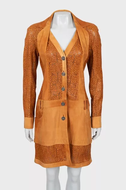 Leather raincoat with perforated pattern