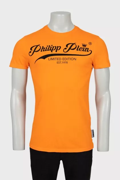 Men's orange T-shirt with rhinestones
