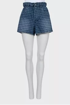 Printed high waist denim shorts