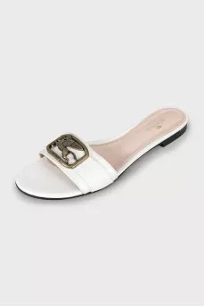 Leather slides with metal logo