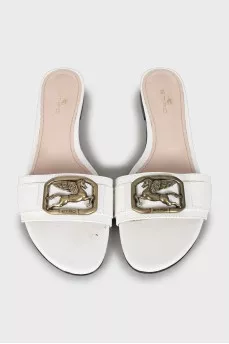 Leather slides with metal logo