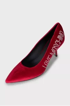 Velor red shoes with rhinestones