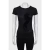 Black T-shirt with velor decor